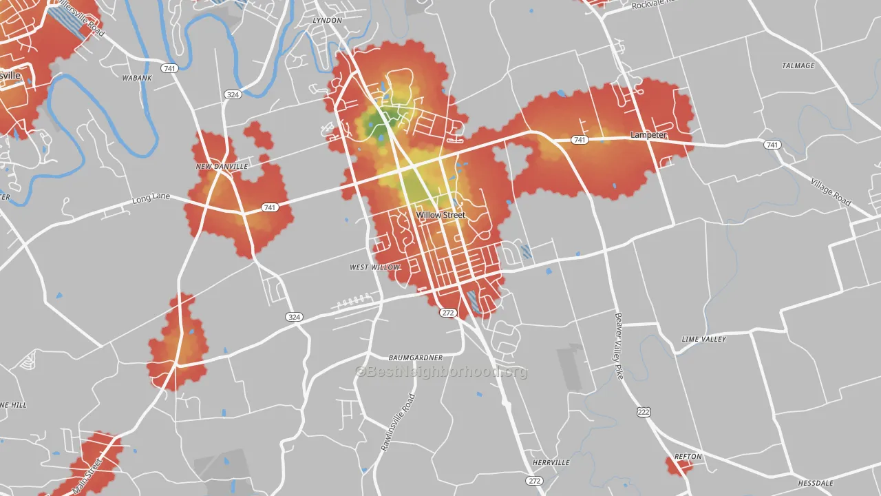 Walk Grade map of Willow Street, PA, walkable areas in green and car-dependent areas in red