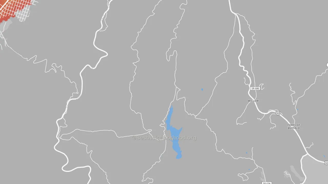 Walk Grade map of Willow, VA, walkable areas in green and car-dependent areas in red