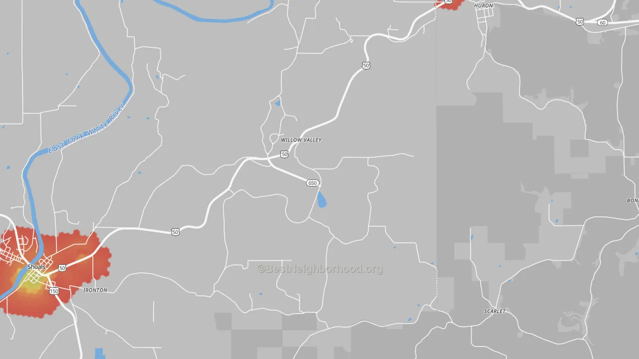 Walk Grade map of Willow Valley, IN, walkable areas in green and car-dependent areas in red
