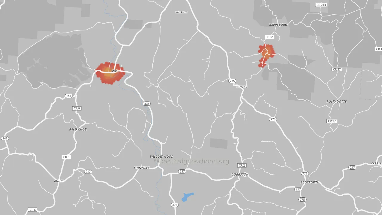 Walk Grade map of Willow Wood, OH, walkable areas in green and car-dependent areas in red