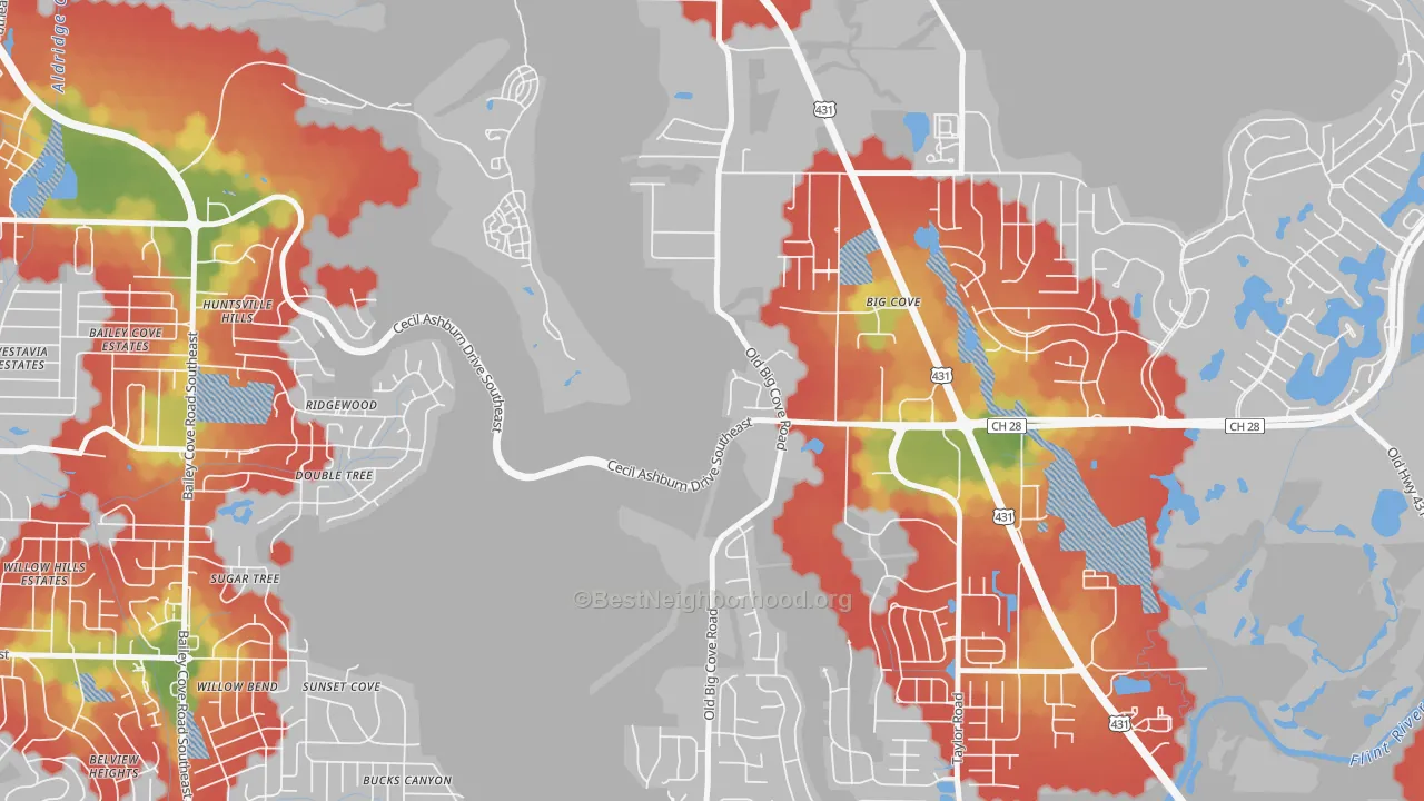 Walk Grade map of Willowbrook, AL, walkable areas in green and car-dependent areas in red
