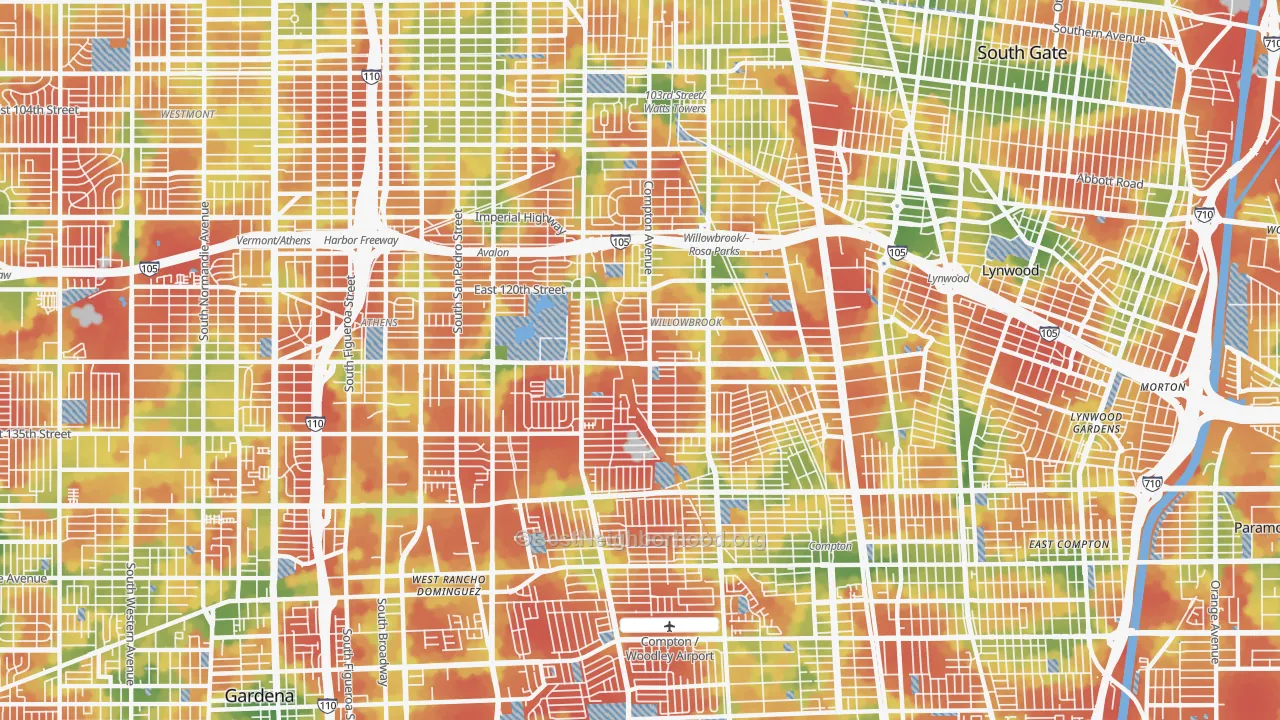 Walk Grade map of Willowbrook, CA, walkable areas in green and car-dependent areas in red