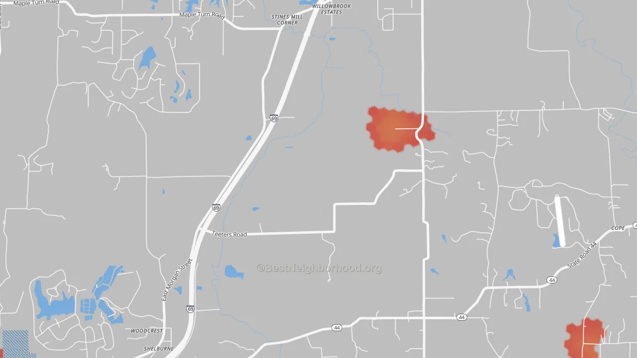 Walk Grade map of Willowbrook Estates, IN, walkable areas in green and car-dependent areas in red
