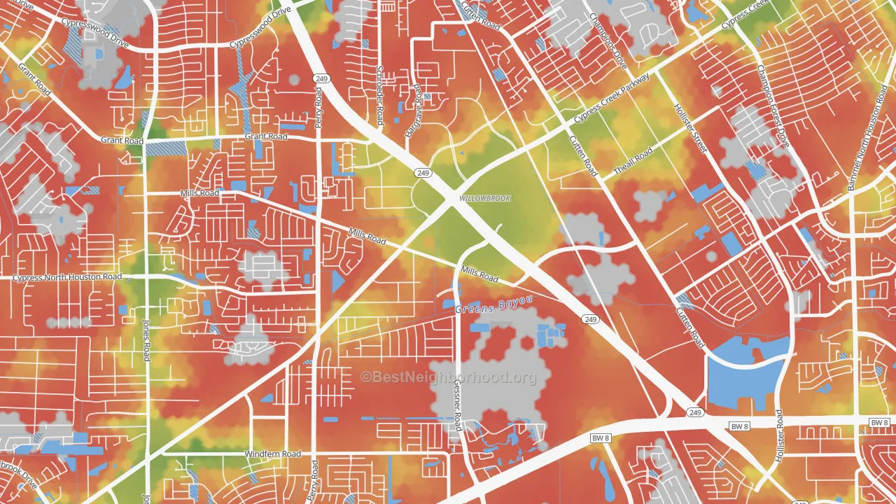 Walk Grade map of Willowbrook, Houston, TX, walkable areas in green and car-dependent areas in red