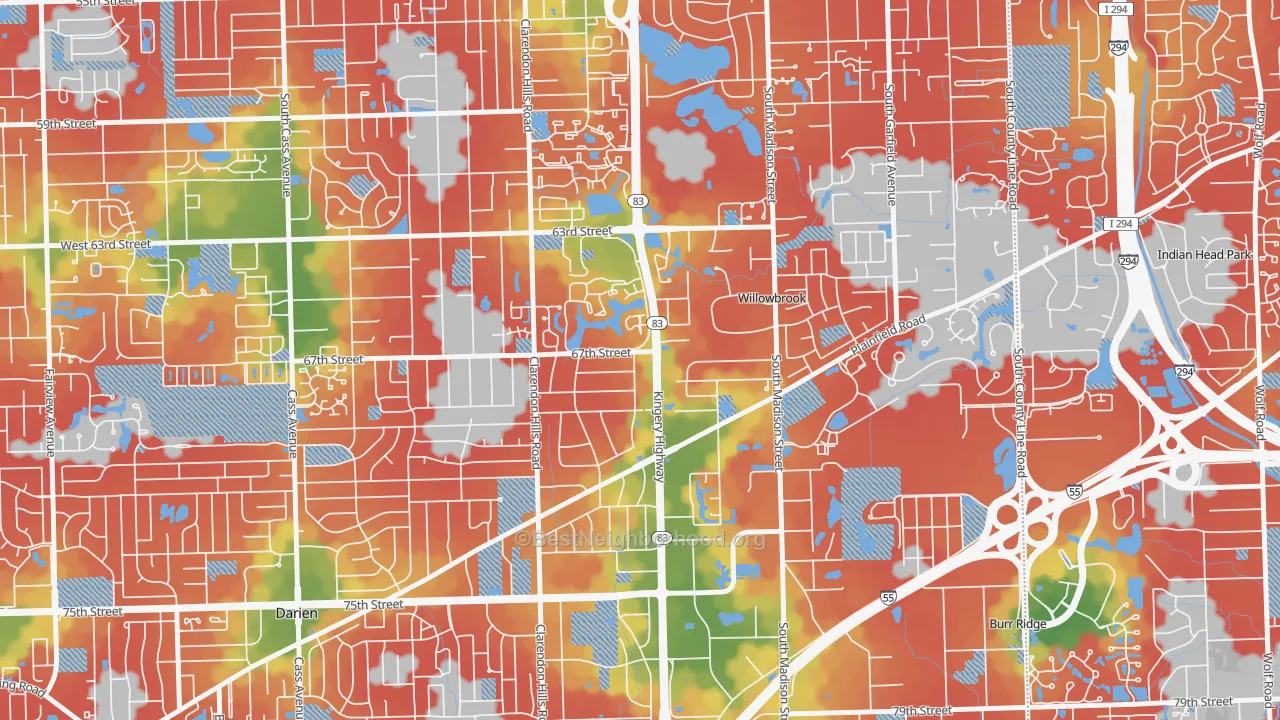 Walk Grade map of Willowbrook, IL, walkable areas in green and car-dependent areas in red