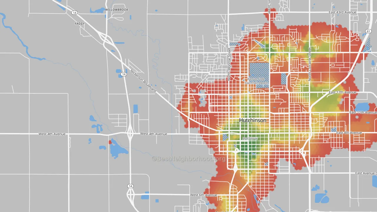 Walk Grade map of Willowbrook, KS, walkable areas in green and car-dependent areas in red