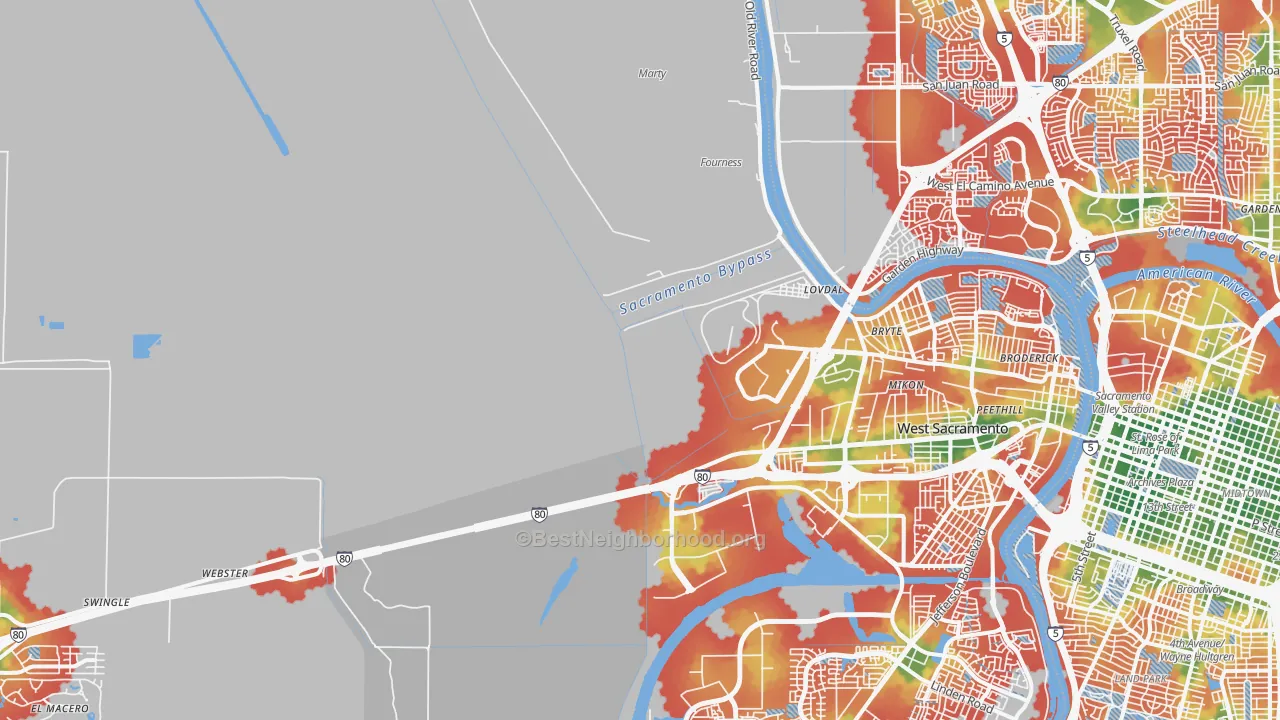 Walk Grade map of Willowcreek, Sacramento, CA, walkable areas in green and car-dependent areas in red