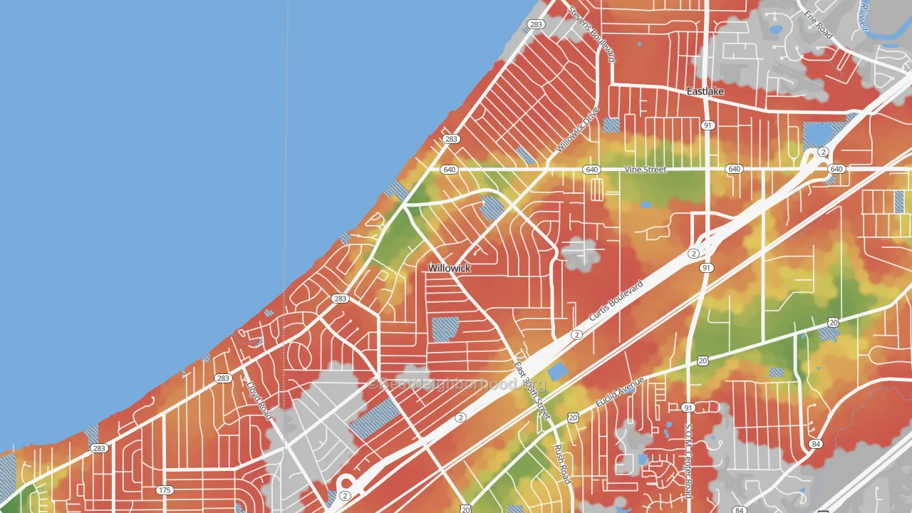 Walk Grade map of Willowick, OH, walkable areas in green and car-dependent areas in red