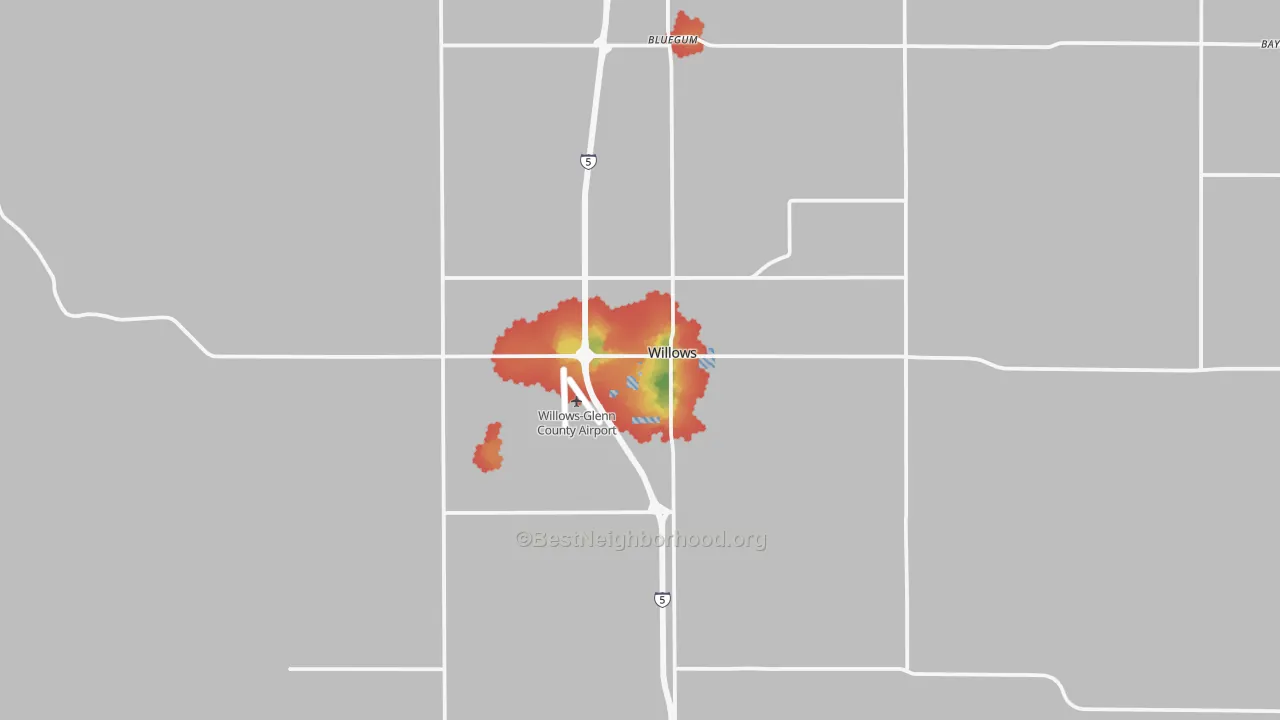 Walk Grade map of Willows, CA, walkable areas in green and car-dependent areas in red