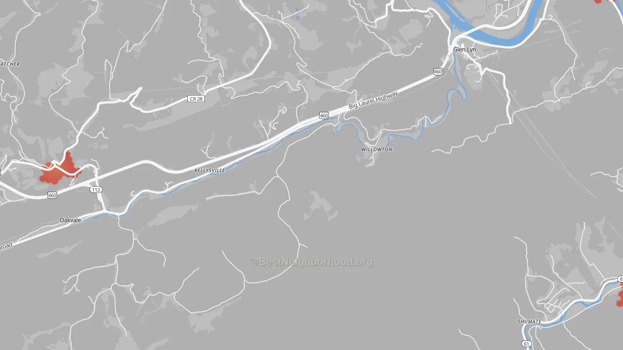Walk Grade map of Willowton, WV, walkable areas in green and car-dependent areas in red