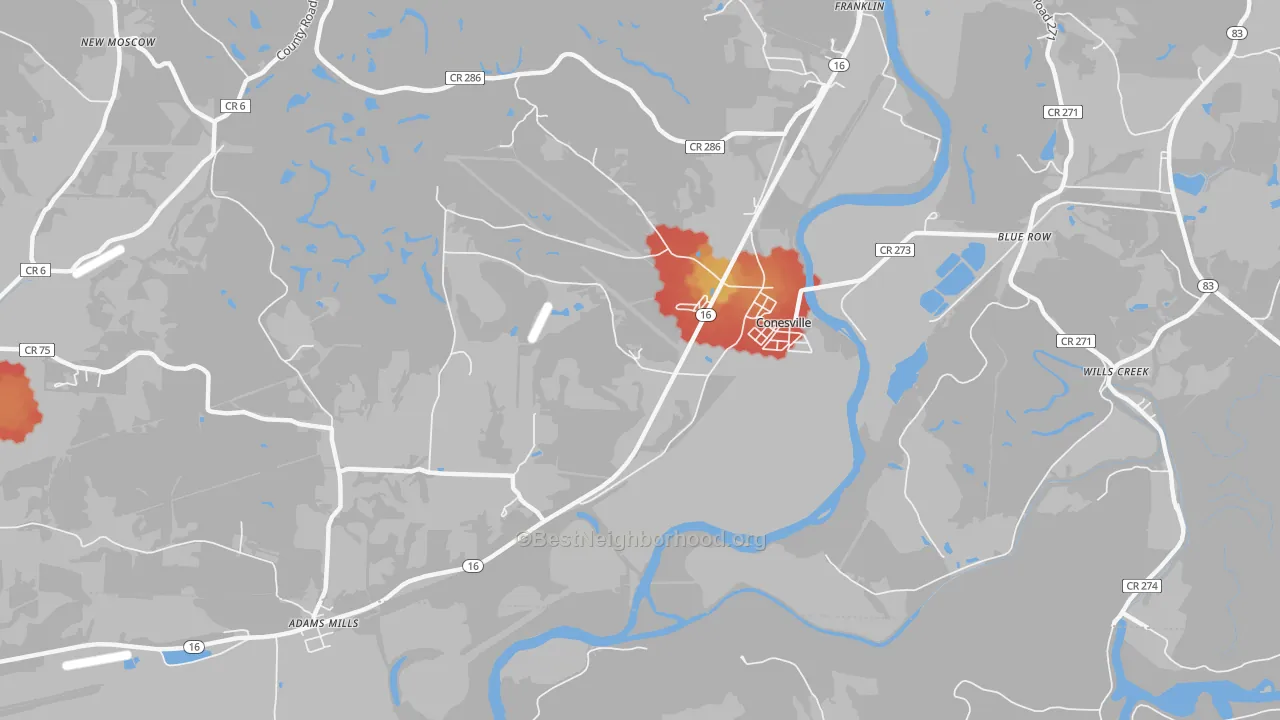 Walk Grade map of Wills Creek, OH, walkable areas in green and car-dependent areas in red