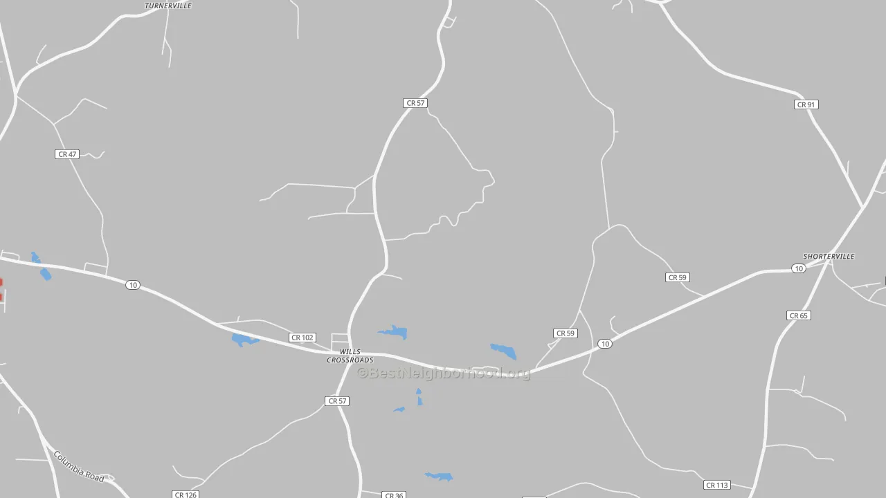 Walk Grade map of Wills Crossroads, AL, walkable areas in green and car-dependent areas in red