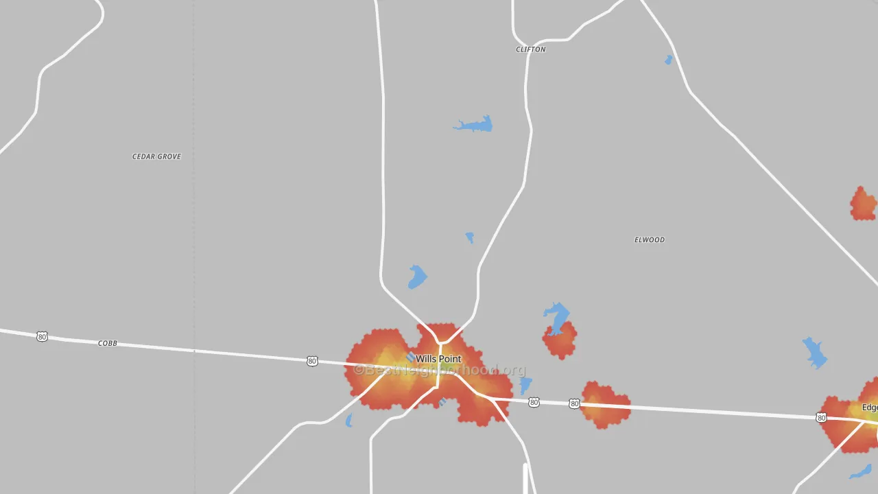 Walk Grade map of Wills Point, TX, walkable areas in green and car-dependent areas in red