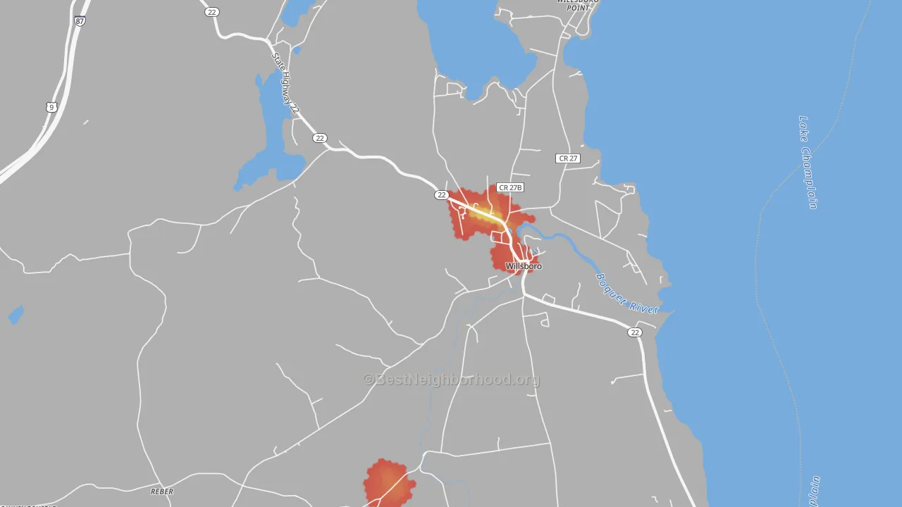 Walk Grade map of Willsboro, NY, walkable areas in green and car-dependent areas in red