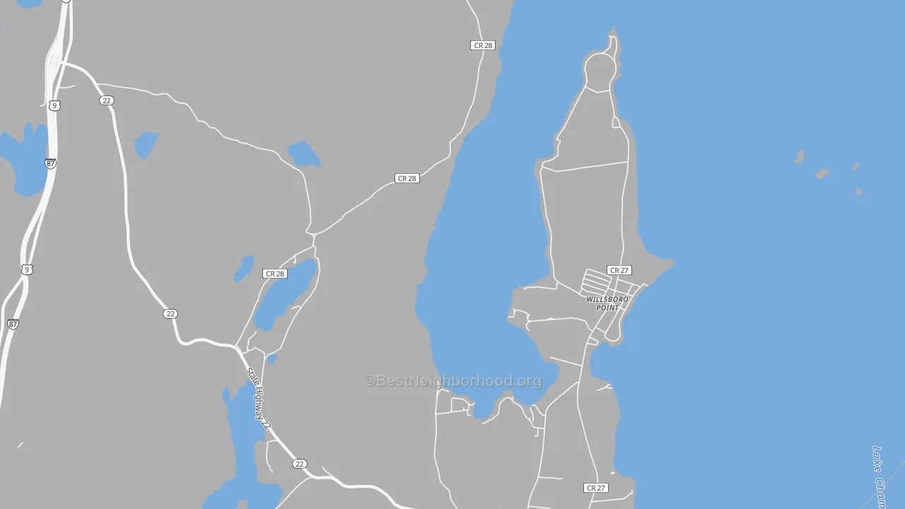 Walk Grade map of Willsboro Point, NY, walkable areas in green and car-dependent areas in red