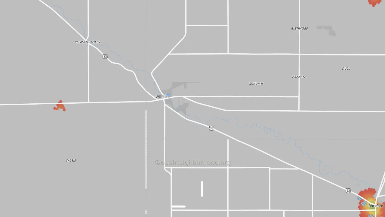 Walk Grade map of Willshire, OH, walkable areas in green and car-dependent areas in red