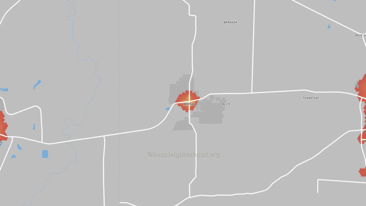 Walk Grade map of Wilmar, AR, walkable areas in green and car-dependent areas in red