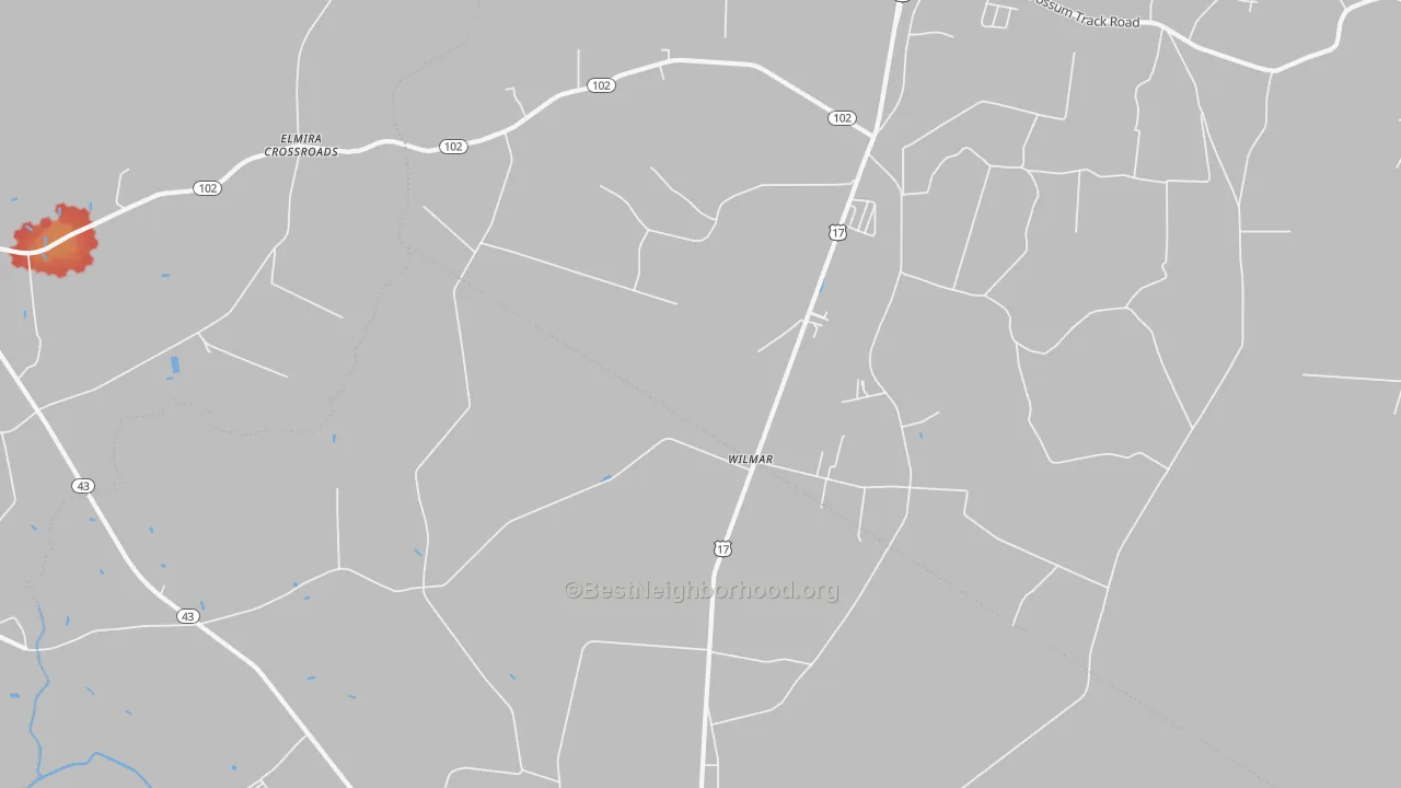Walk Grade map of Wilmar, NC, walkable areas in green and car-dependent areas in red