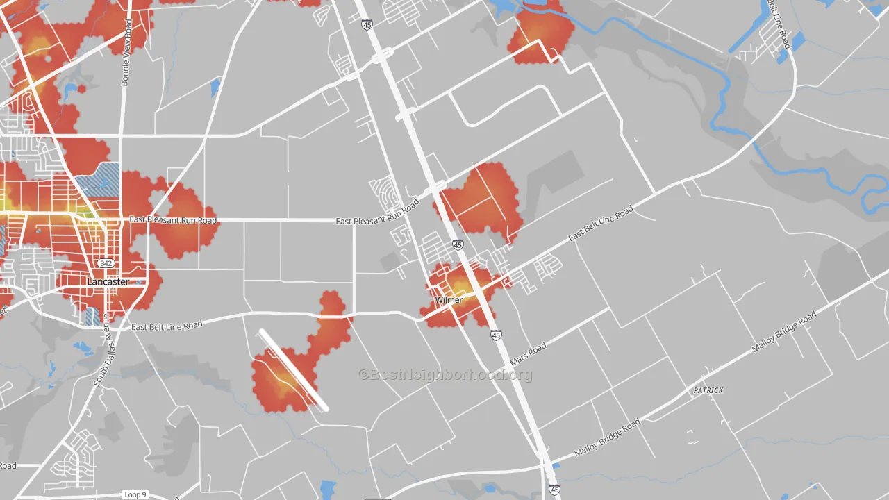 Walk Grade map of Wilmer, TX, walkable areas in green and car-dependent areas in red