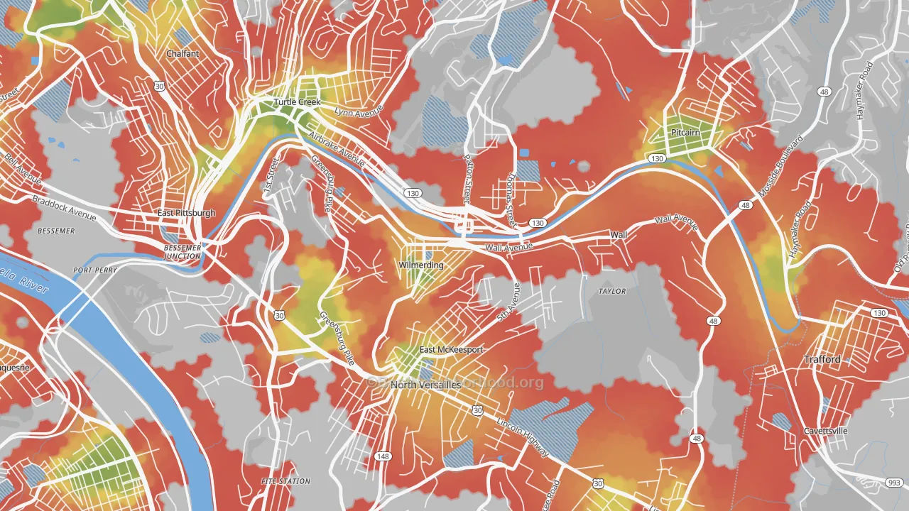 Walk Grade map of Wilmerding, PA, walkable areas in green and car-dependent areas in red