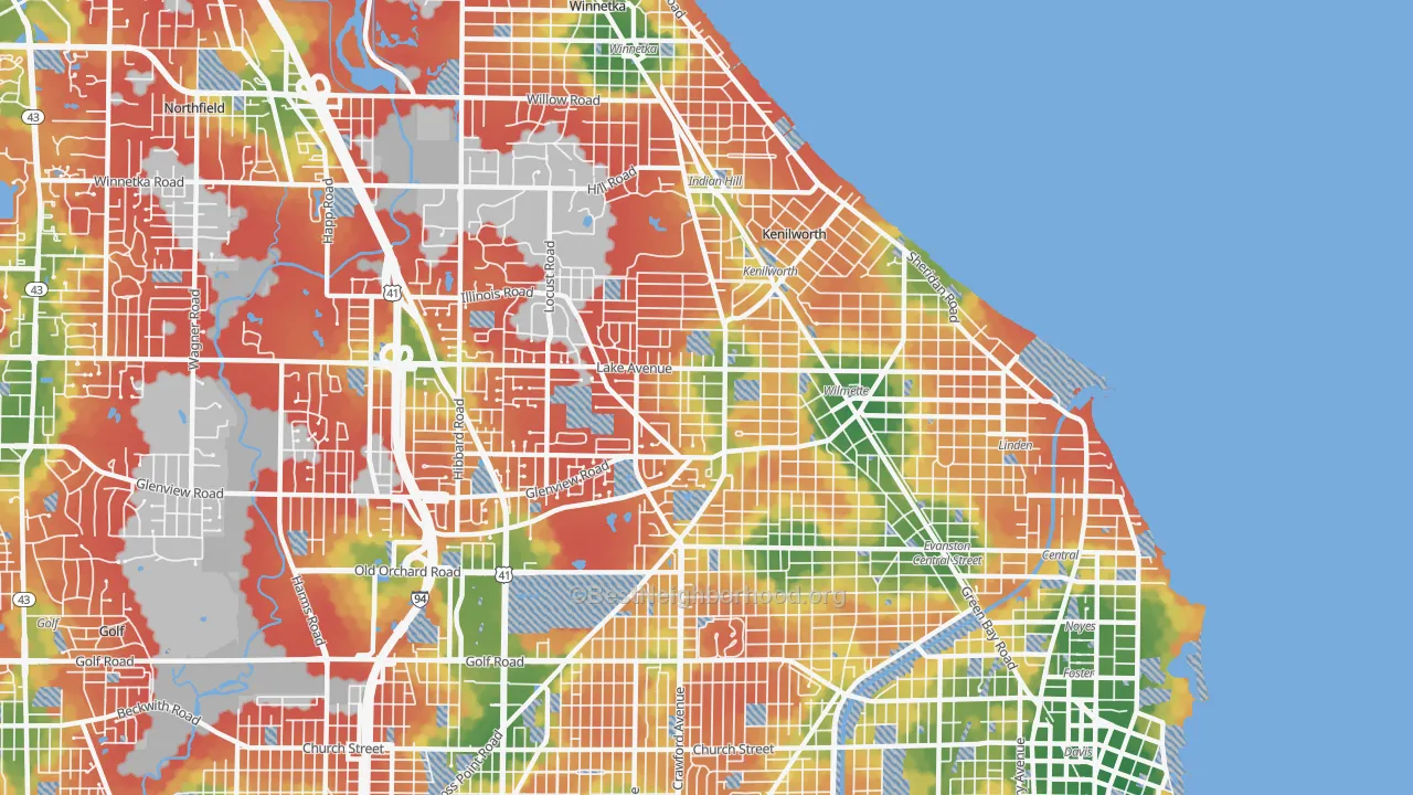Walk Grade map of Wilmette, IL, walkable areas in green and car-dependent areas in red