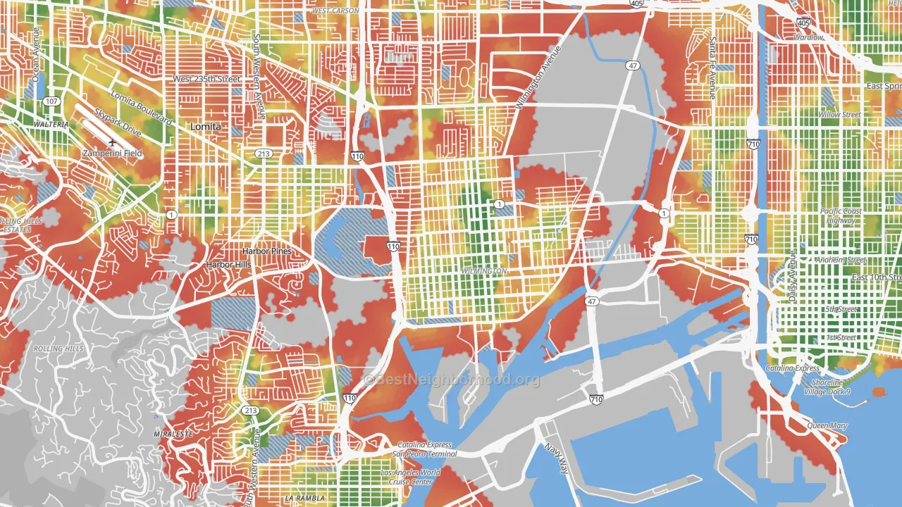 Walk Grade map of Wilmington, CA, walkable areas in green and car-dependent areas in red