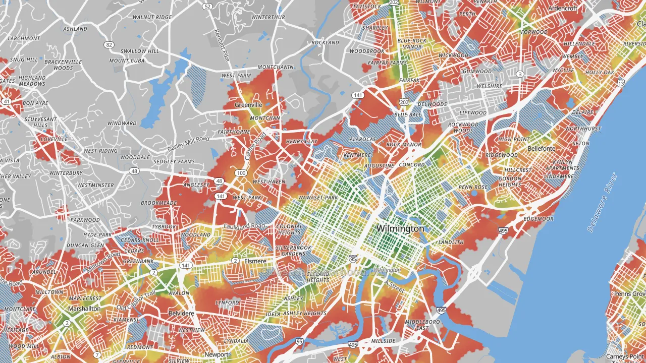 Walk Grade map of Wilmington, DE, walkable areas in green and car-dependent areas in red
