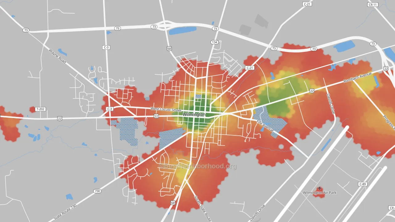 Walk Grade map of Wilmington Historic District, Wilmington, OH, walkable areas in green and car-dependent areas in red