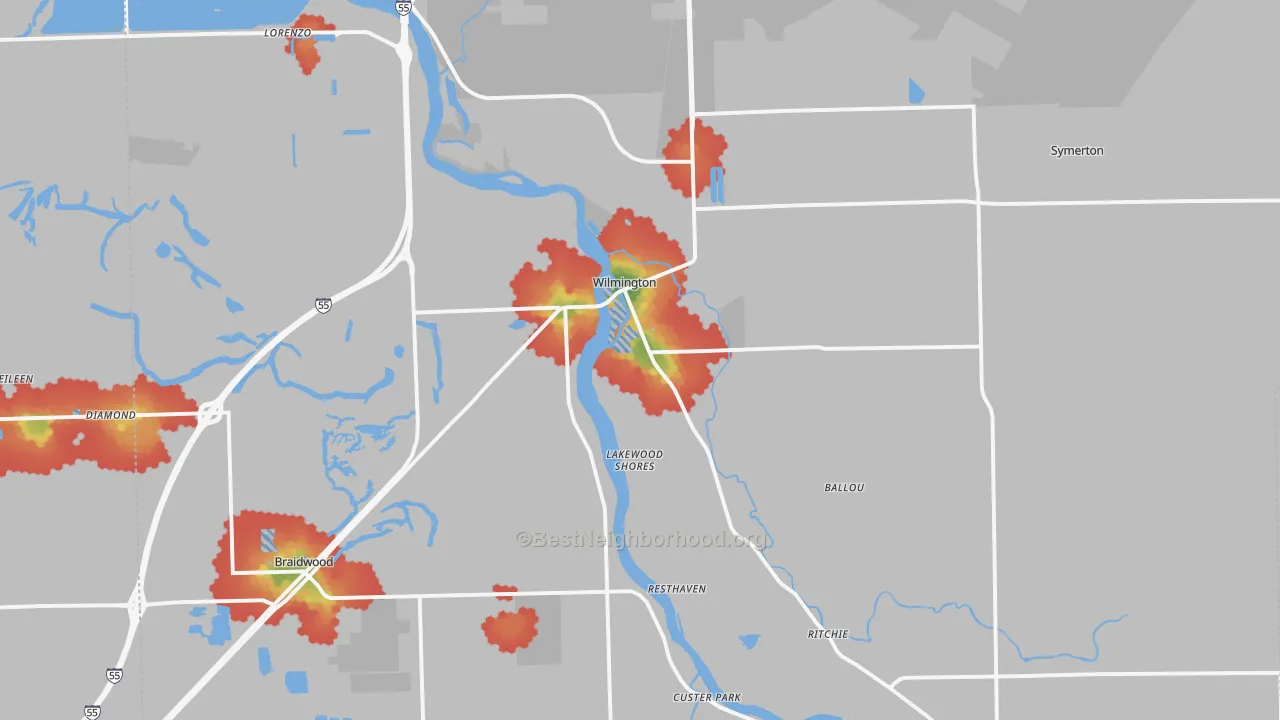 Walk Grade map of Wilmington, IL, walkable areas in green and car-dependent areas in red