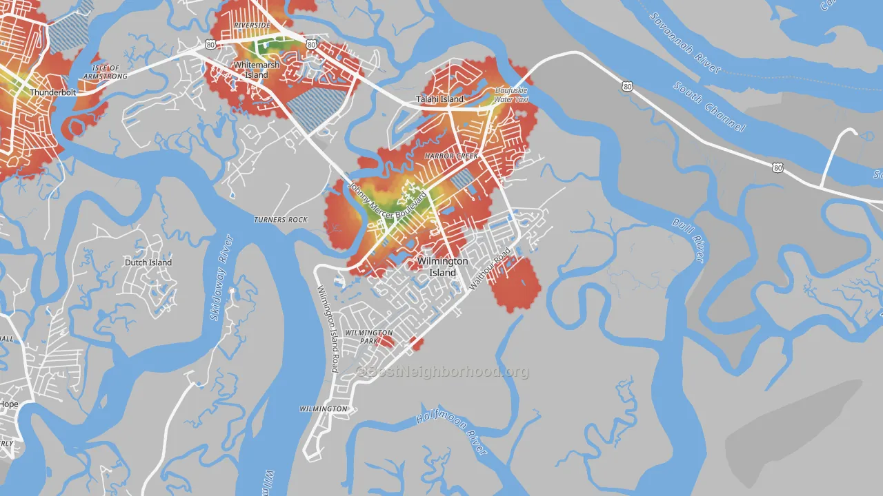 Walk Grade map of Wilmington Island, GA, walkable areas in green and car-dependent areas in red