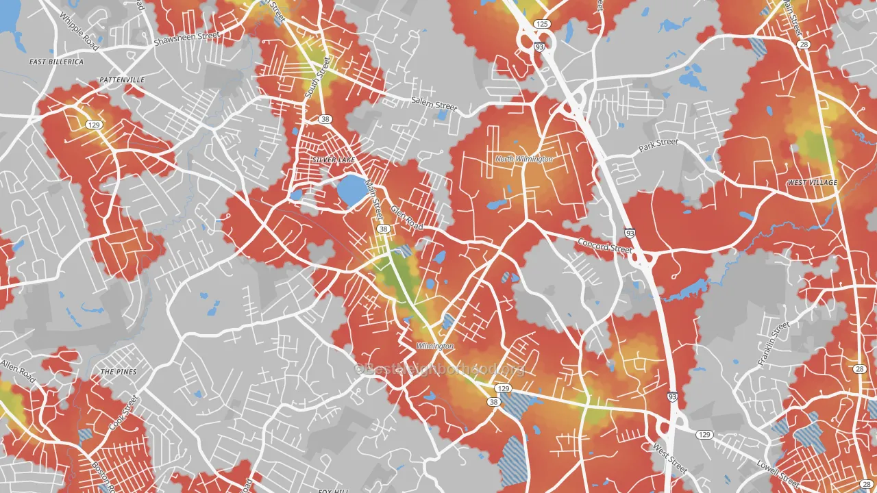 Walk Grade map of Wilmington, MA, walkable areas in green and car-dependent areas in red