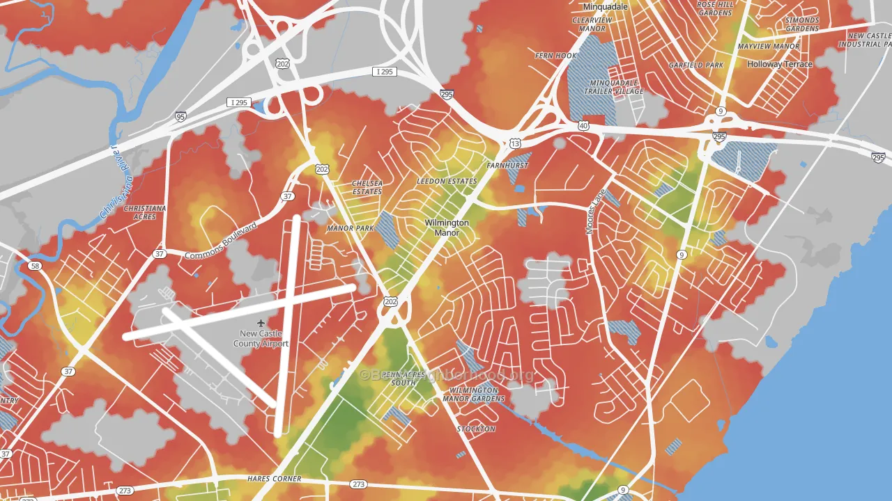 Walk Grade map of Wilmington Manor, DE, walkable areas in green and car-dependent areas in red