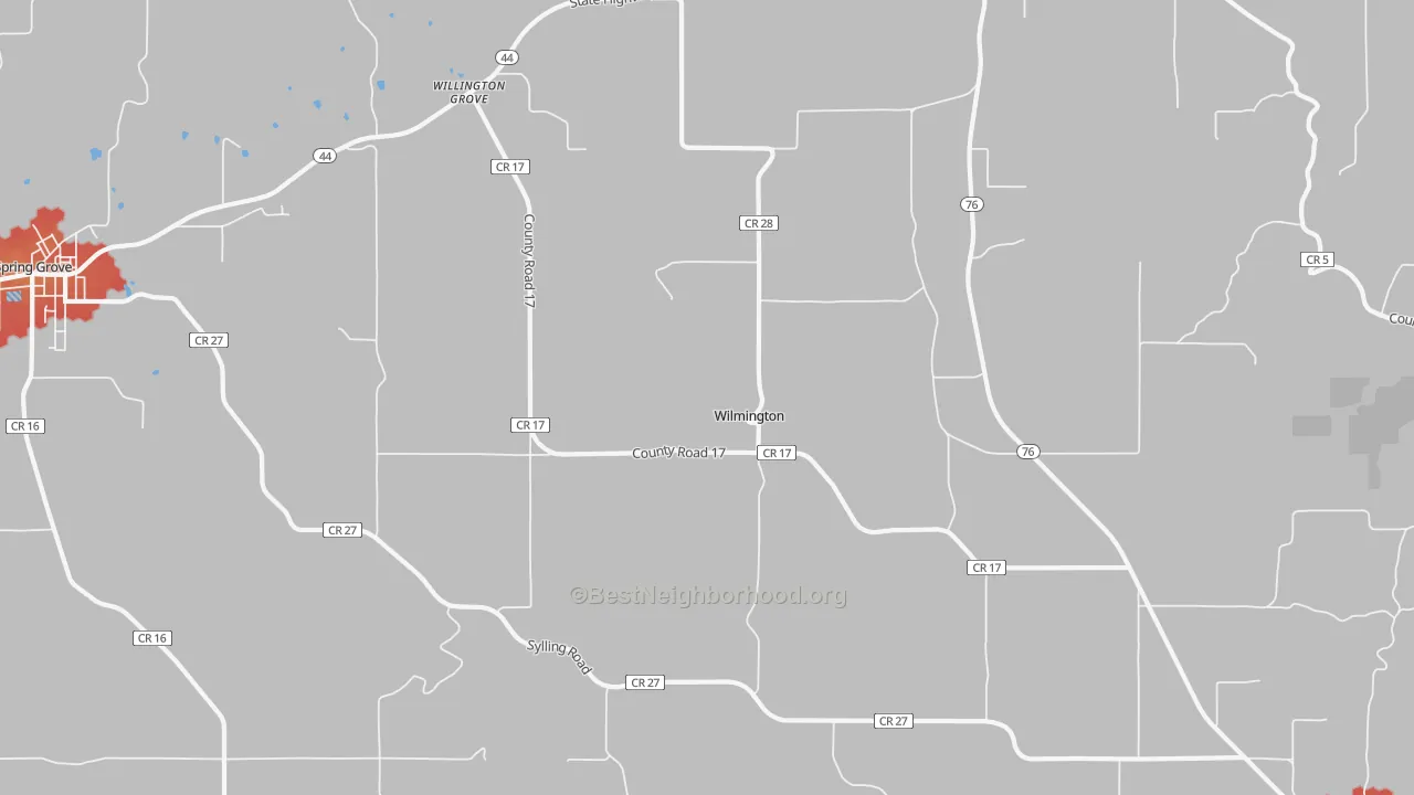 Walk Grade map of Wilmington, MN, walkable areas in green and car-dependent areas in red