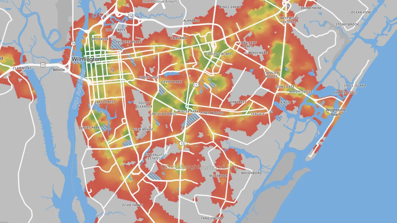 Walk Grade map of Wilmington, NC, walkable areas in green and car-dependent areas in red