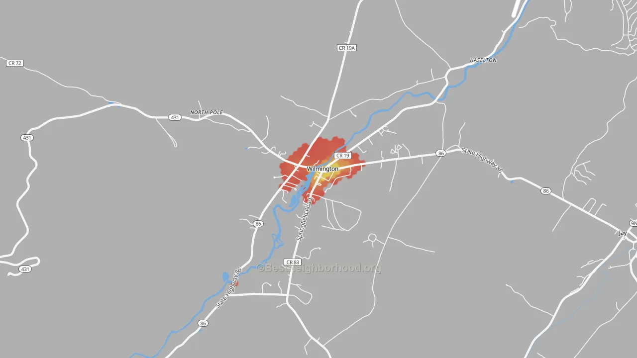 Walk Grade map of Wilmington, NY, walkable areas in green and car-dependent areas in red