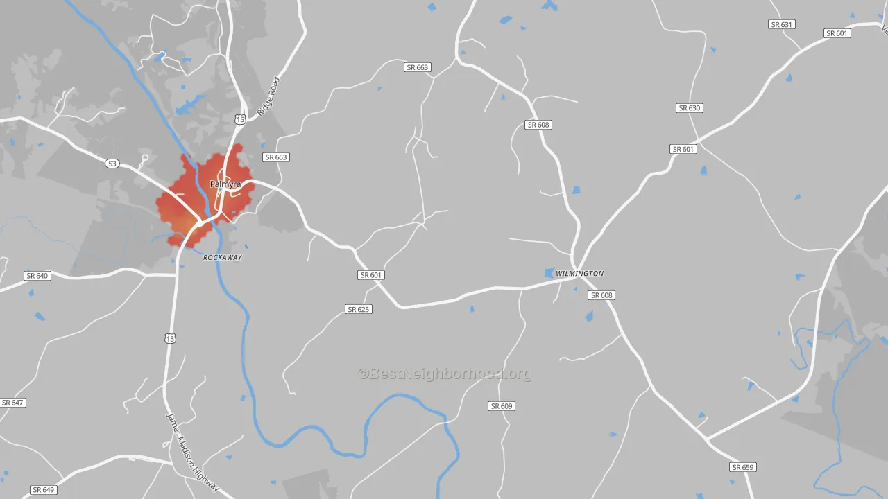Walk Grade map of Wilmington, VA, walkable areas in green and car-dependent areas in red