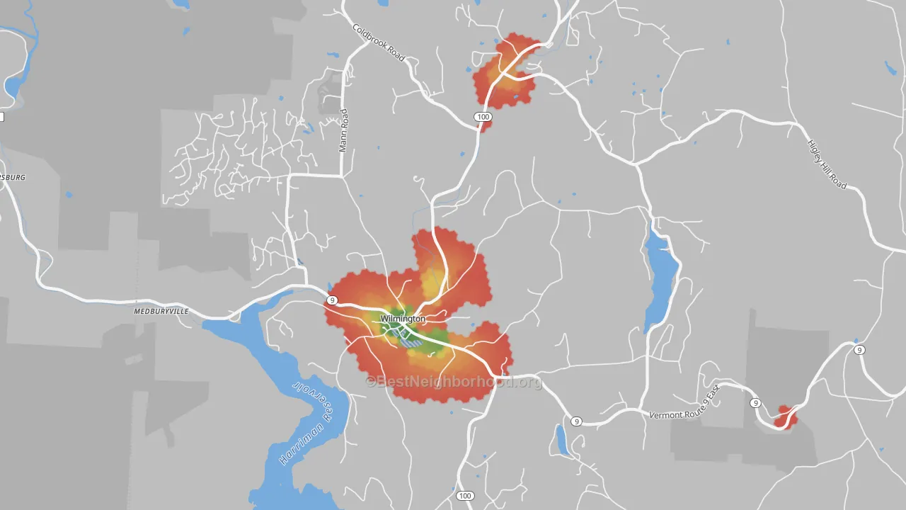 Walk Grade map of Wilmington, VT, walkable areas in green and car-dependent areas in red