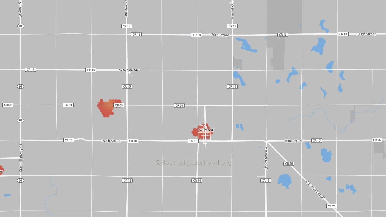 Walk Grade map of Wilmont, MN, walkable areas in green and car-dependent areas in red