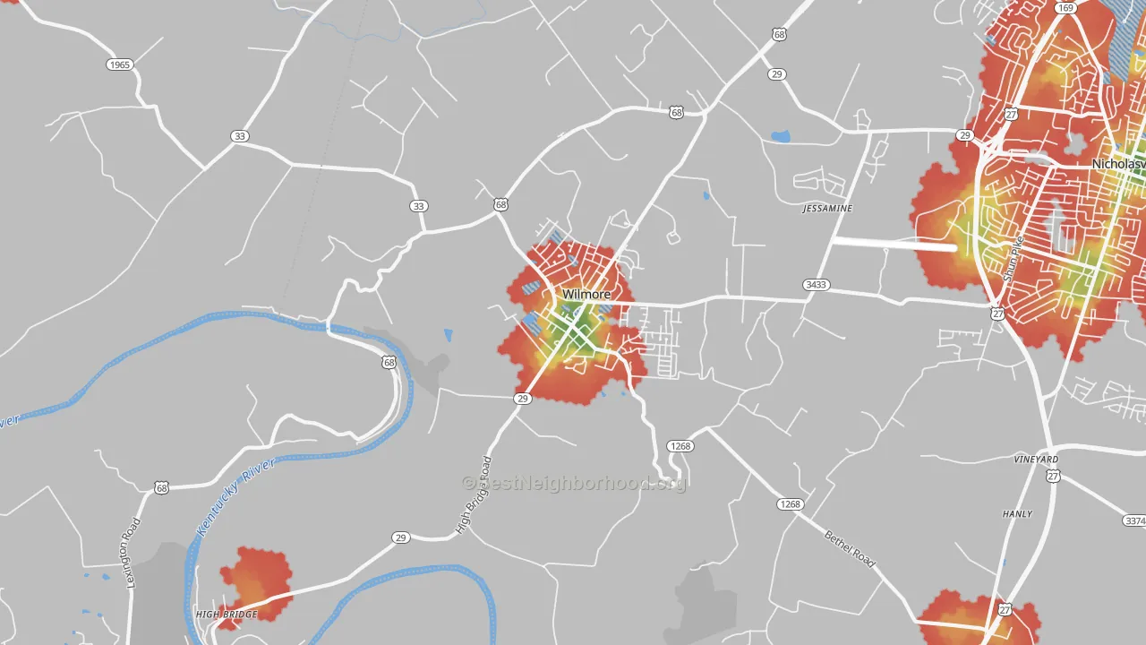 Walk Grade map of Wilmore, KY, walkable areas in green and car-dependent areas in red
