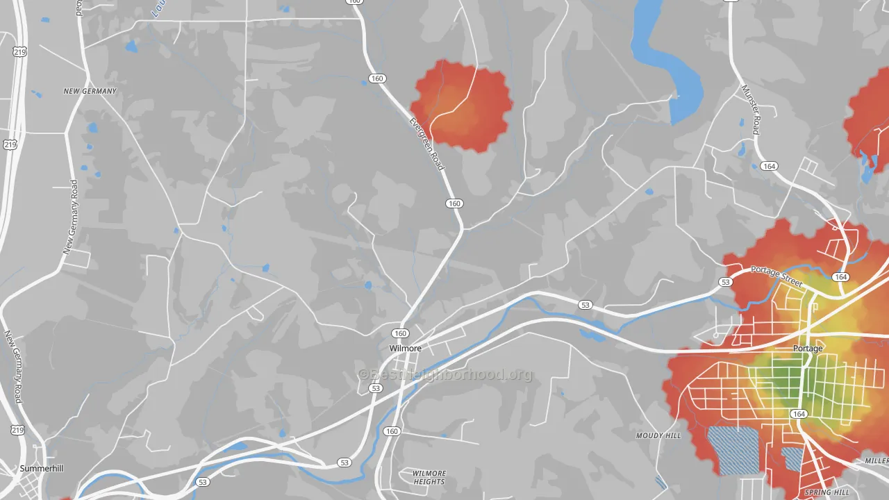 Walk Grade map of Wilmore, PA, walkable areas in green and car-dependent areas in red