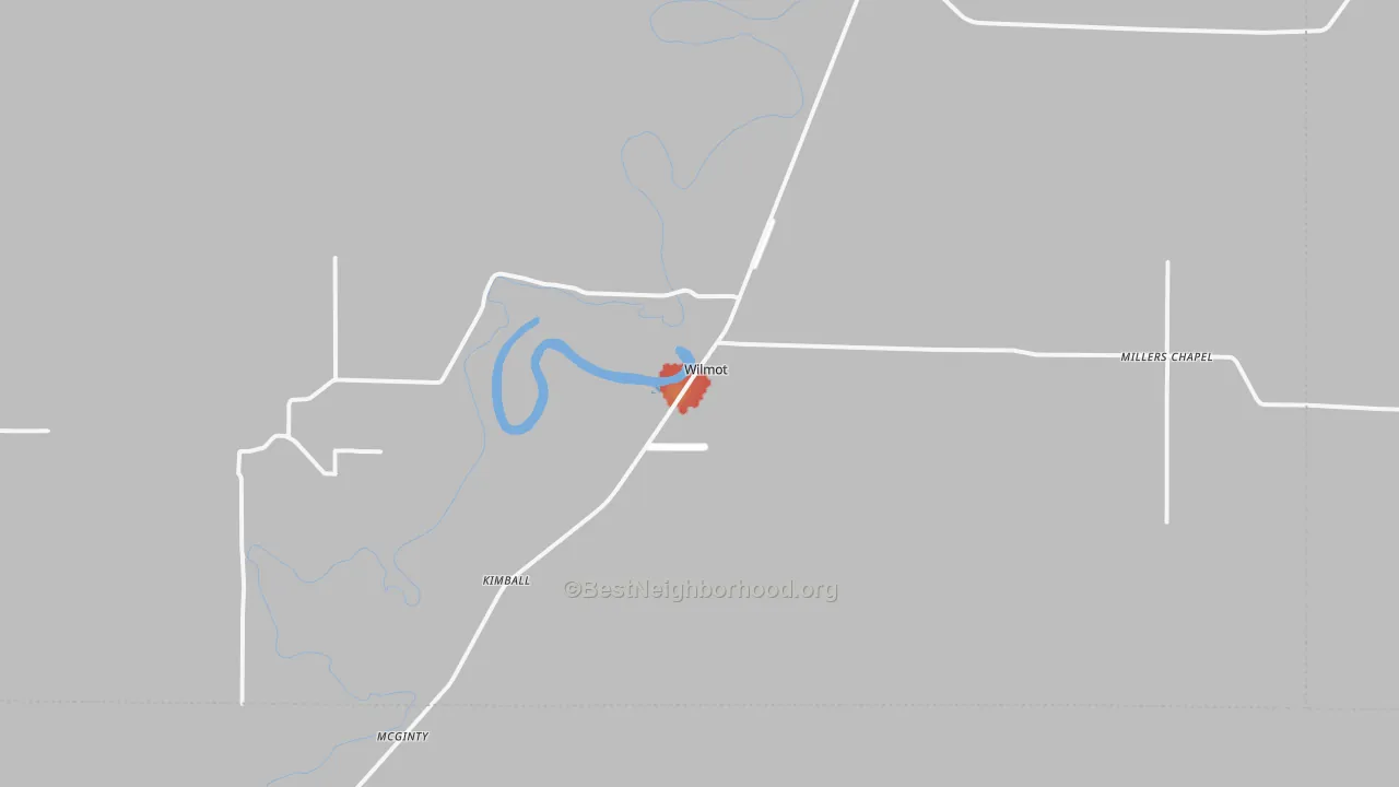 Walk Grade map of Wilmot, AR, walkable areas in green and car-dependent areas in red