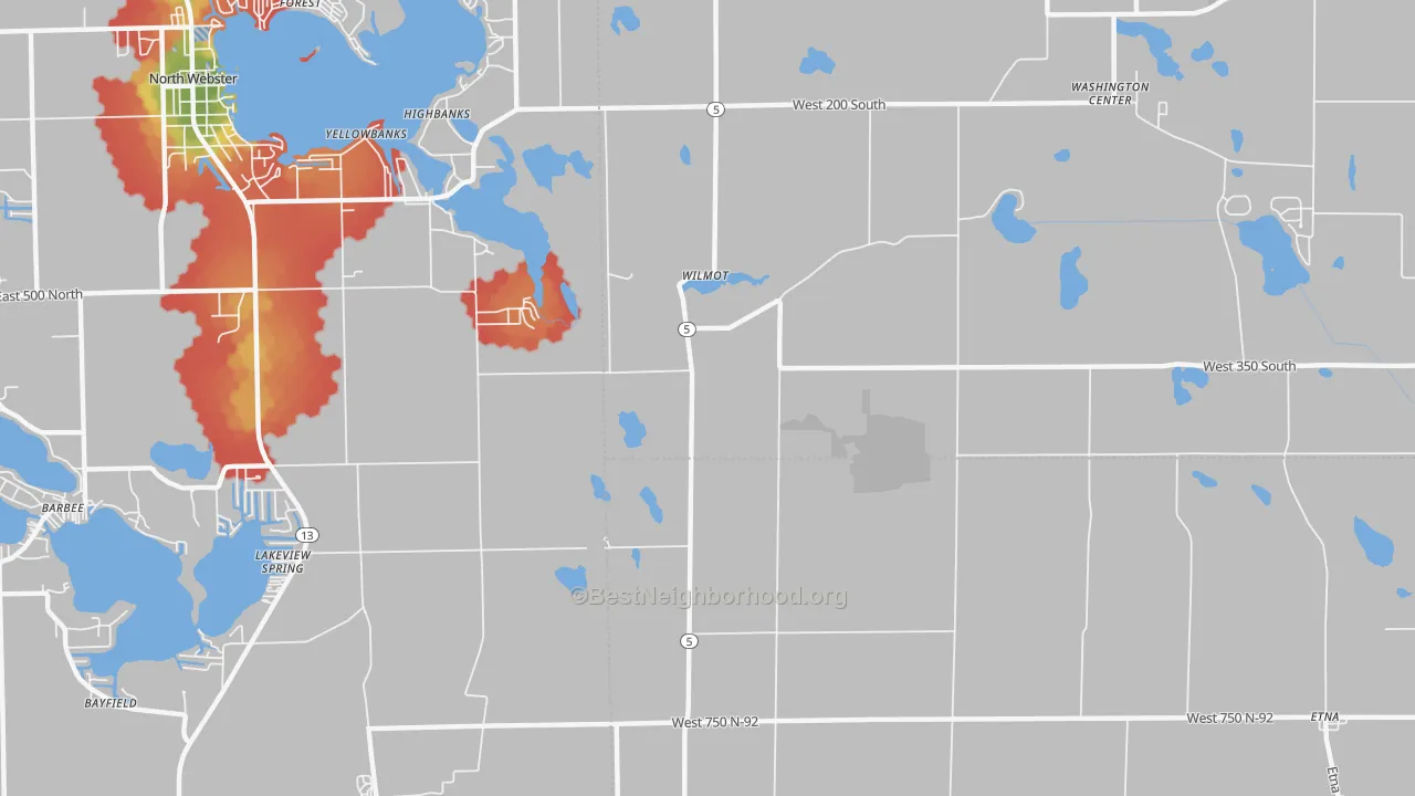 Walk Grade map of Wilmot, IN, walkable areas in green and car-dependent areas in red