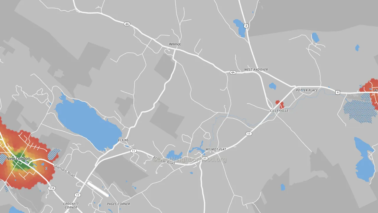 Walk Grade map of Wilmot, NH, walkable areas in green and car-dependent areas in red