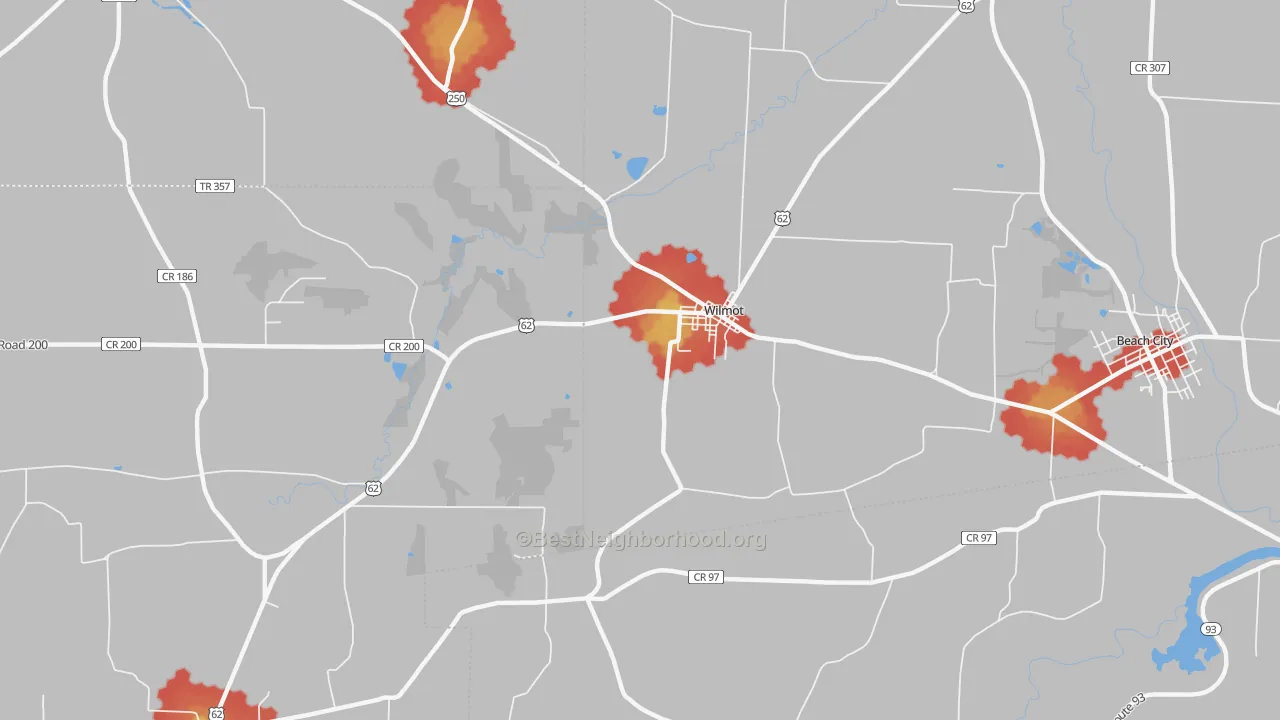 Walk Grade map of Wilmot, OH, walkable areas in green and car-dependent areas in red
