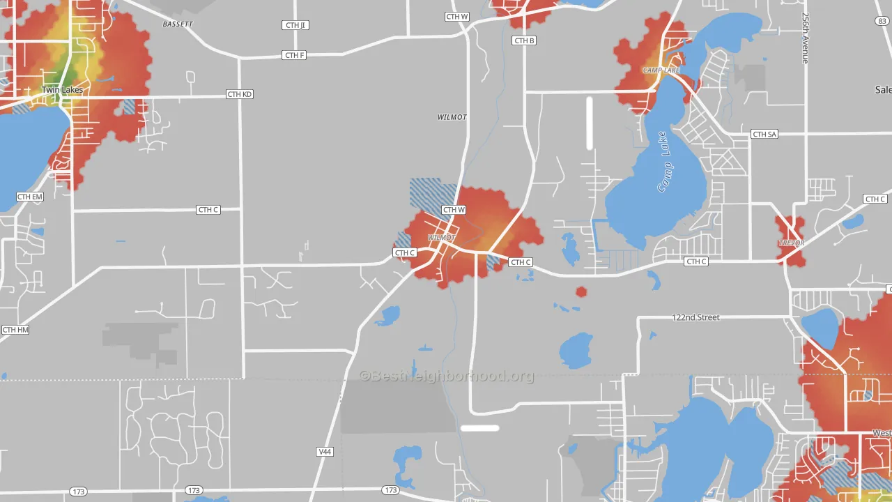 Walk Grade map of Wilmot, WI, walkable areas in green and car-dependent areas in red