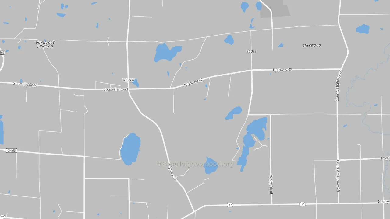 Walk Grade map of Wilpen, MN, walkable areas in green and car-dependent areas in red
