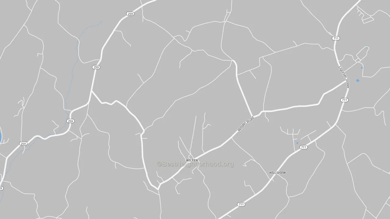 Walk Grade map of Wilpen, PA, walkable areas in green and car-dependent areas in red