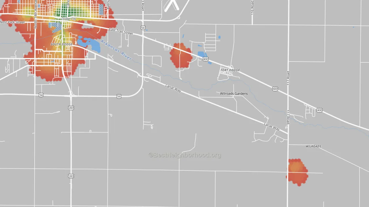 Walk Grade map of Wilroads Gardens, KS, walkable areas in green and car-dependent areas in red