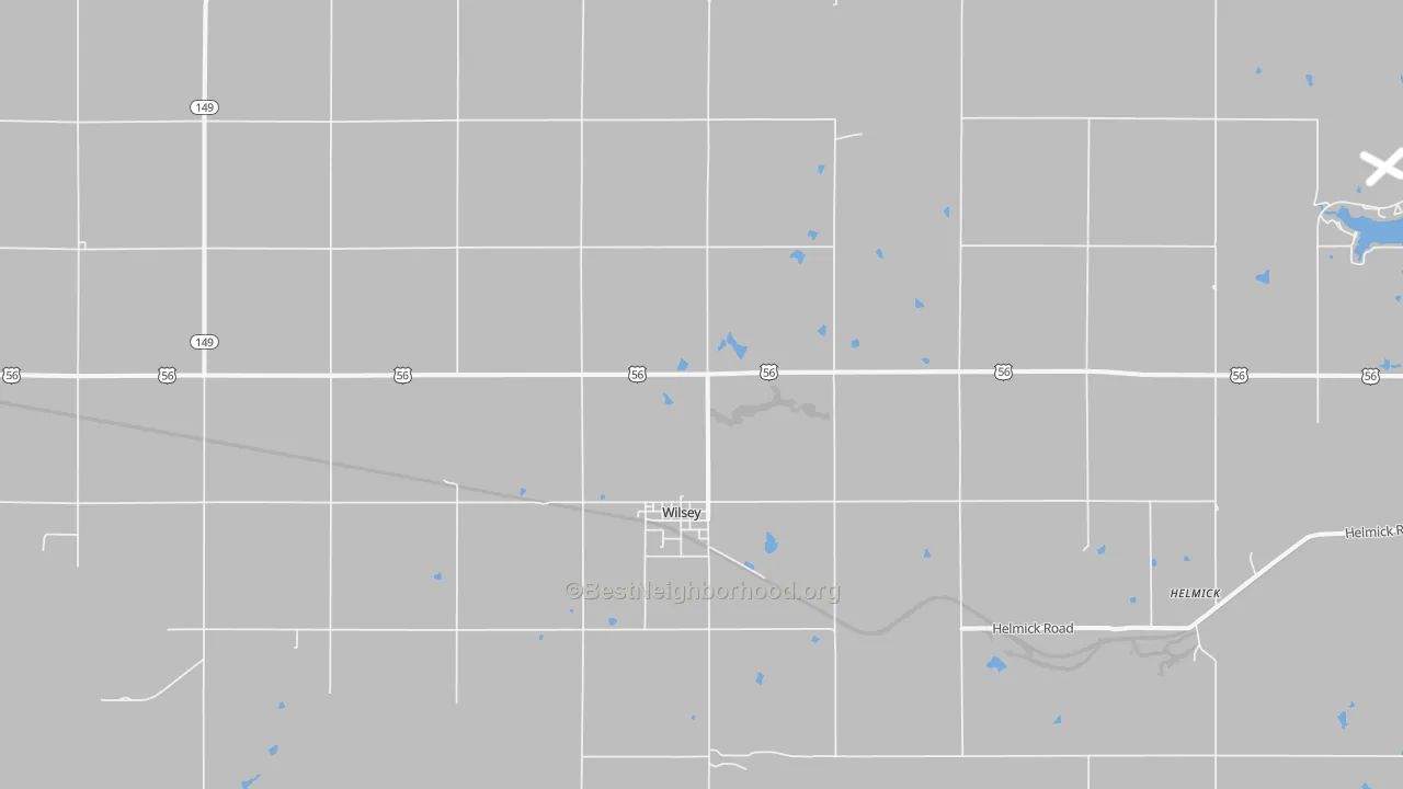 Walk Grade map of Wilsey, KS, walkable areas in green and car-dependent areas in red