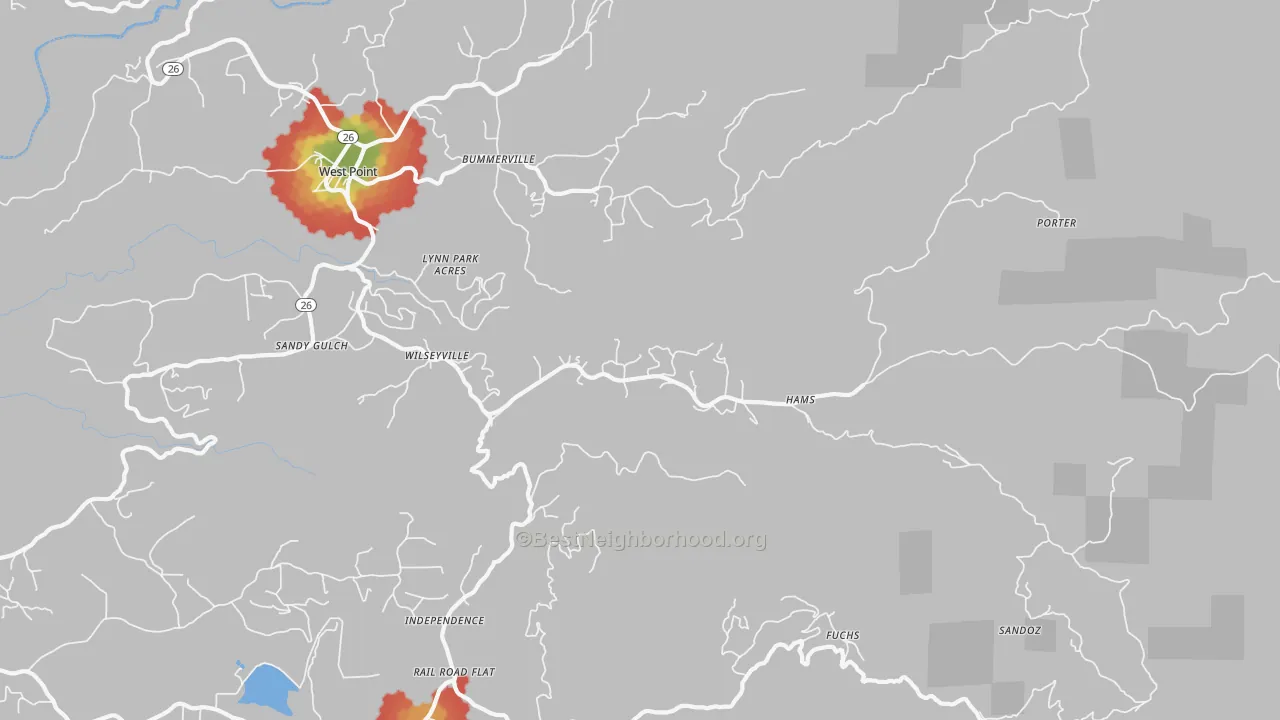 Walk Grade map of Wilseyville, CA, walkable areas in green and car-dependent areas in red